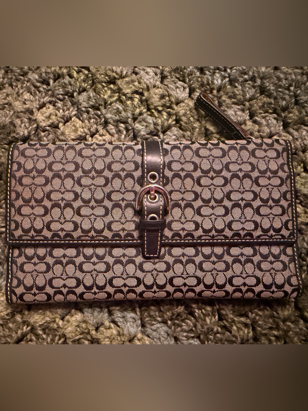 Coach Brown Signature Canvas Clutch Wallet with Dark Brown Leather Trim
